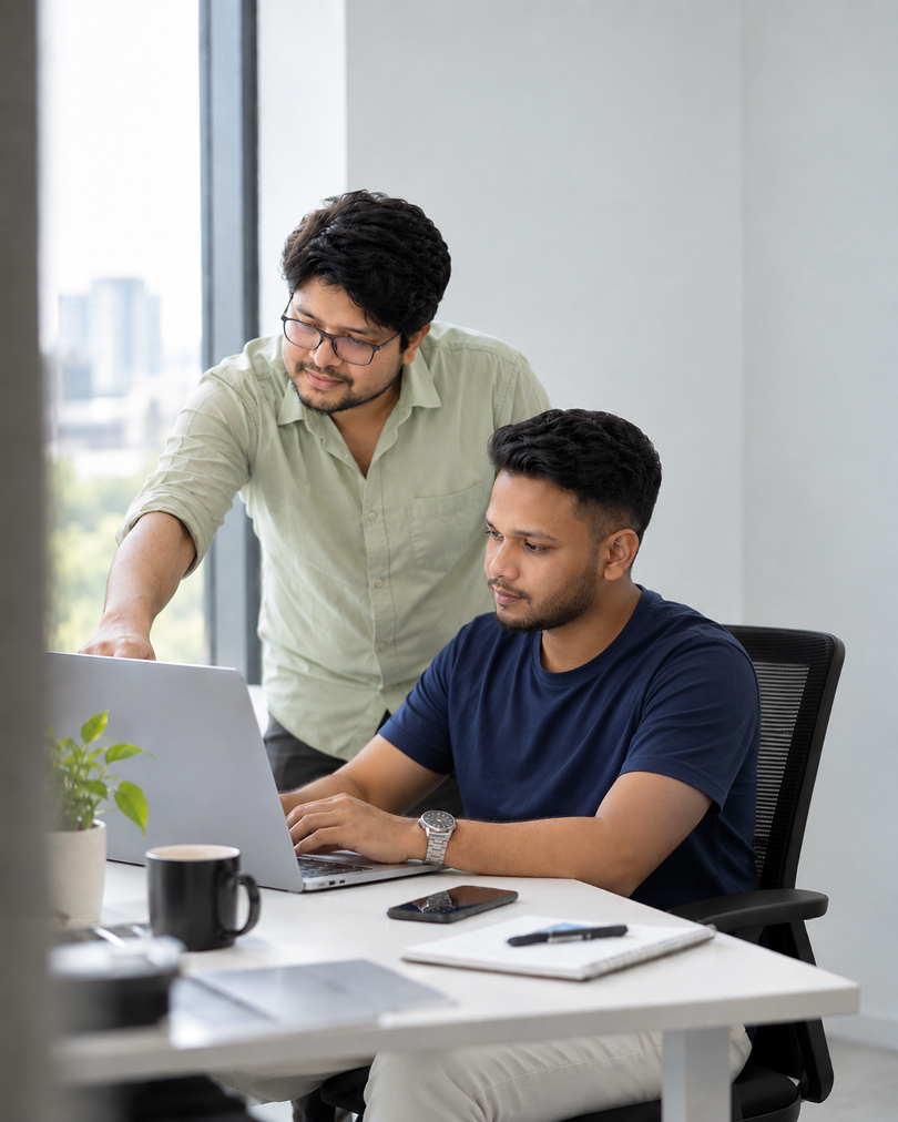 Two engineers pairing at a desk by the window