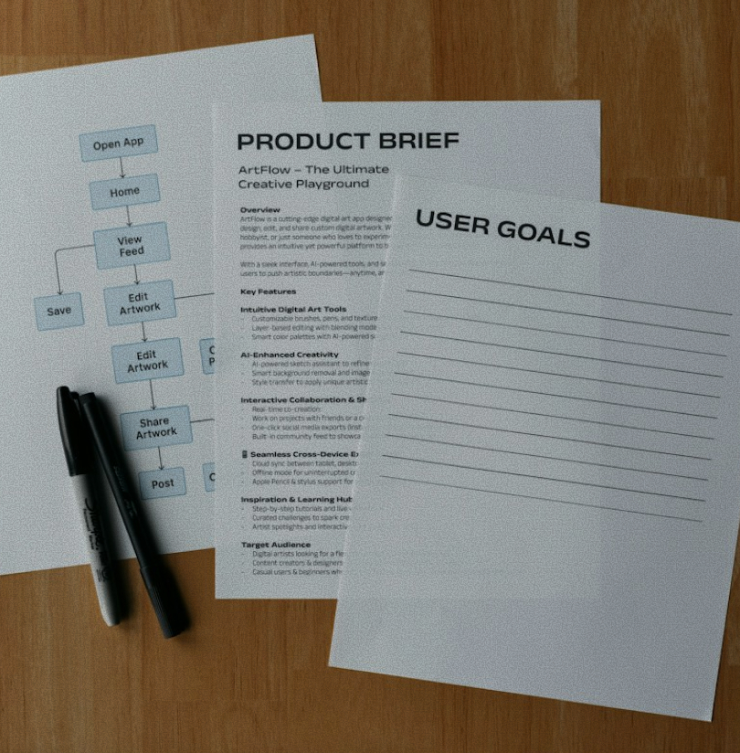 Printed product brief and user goals on a desk