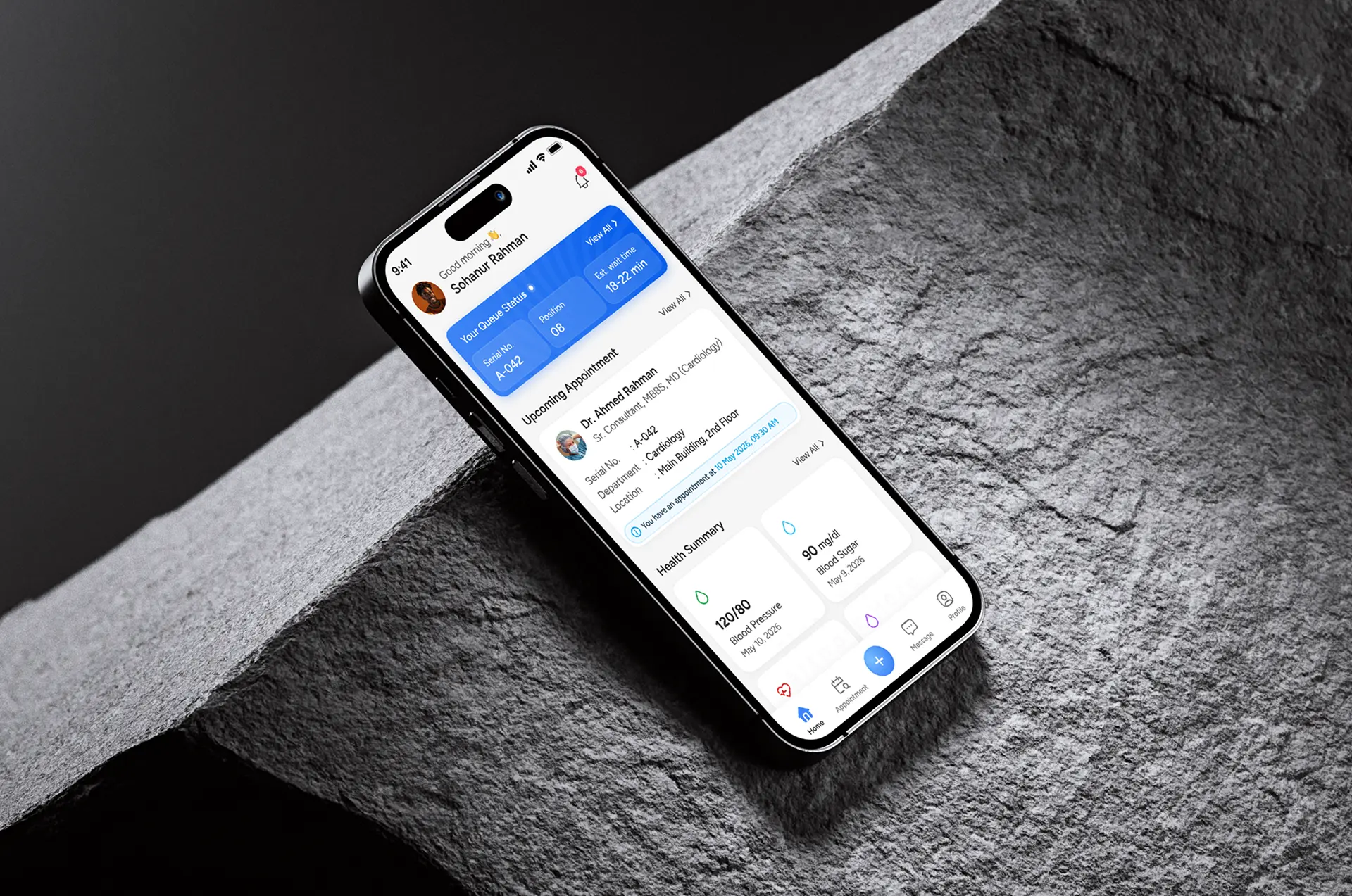 AI Triage Layer, patient app home with queue status