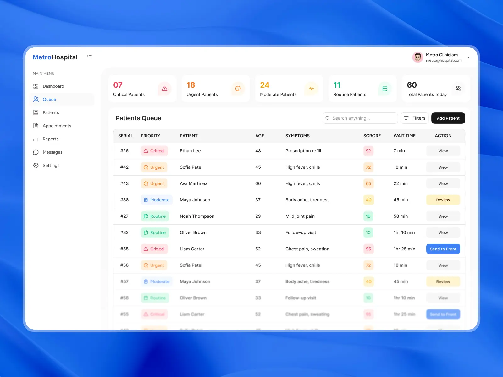 AI Triage Layer, clinician web dashboard