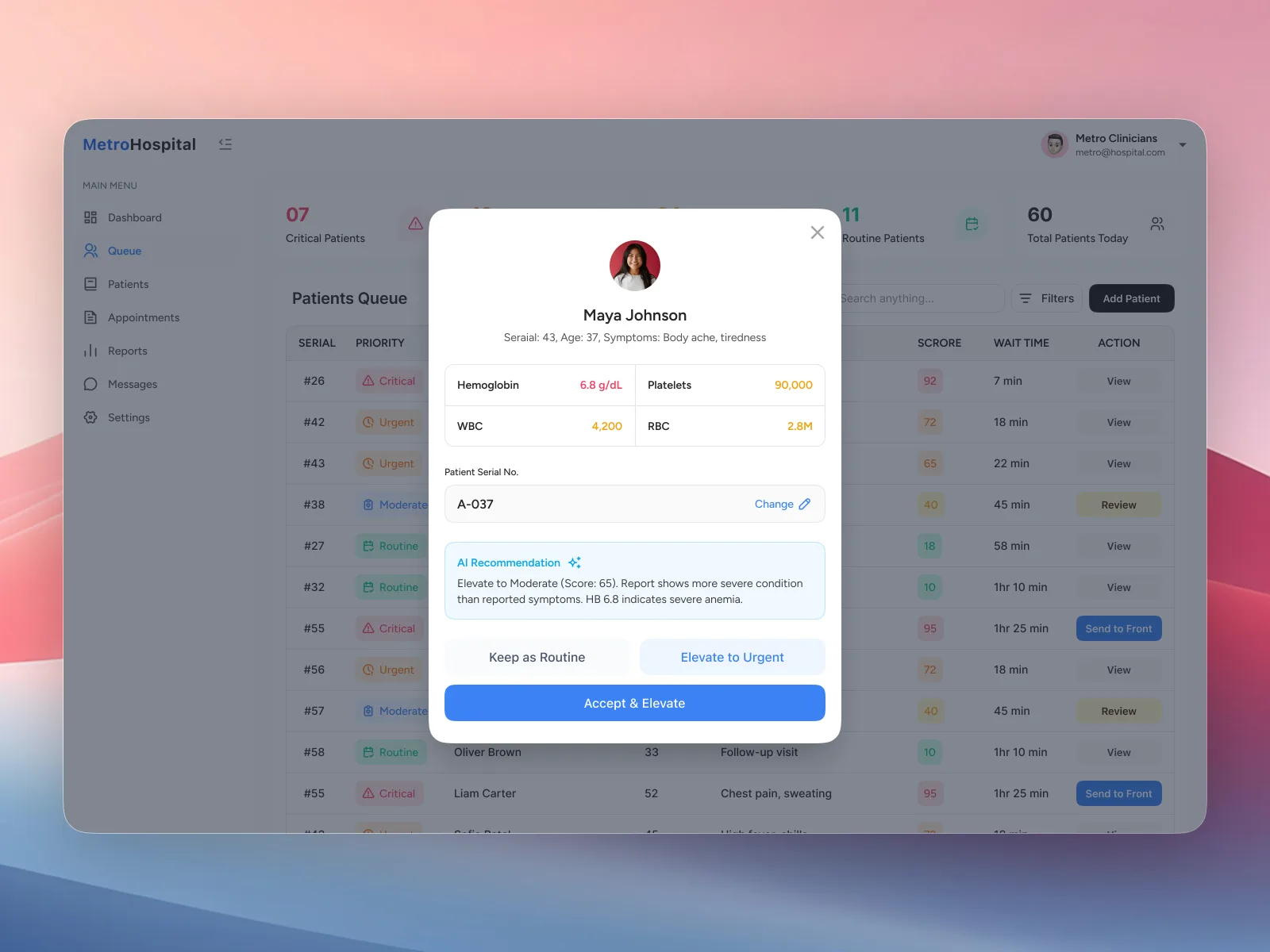 AI Triage Layer, clinician web dashboard patient detail