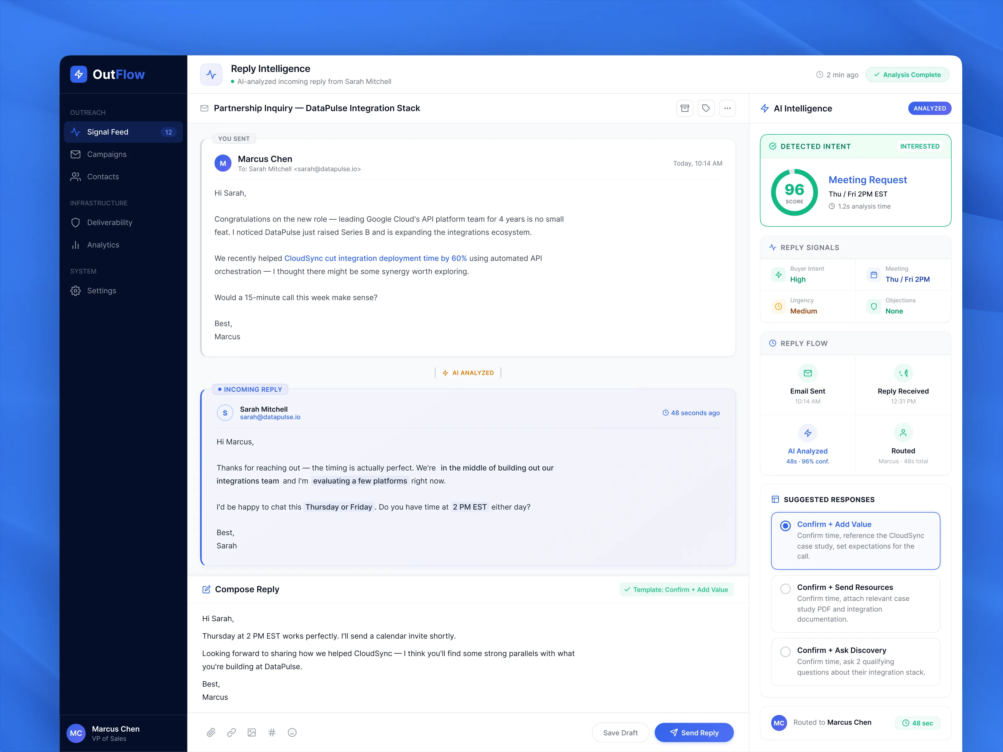 Outreach Intelligence, reply routed with next steps